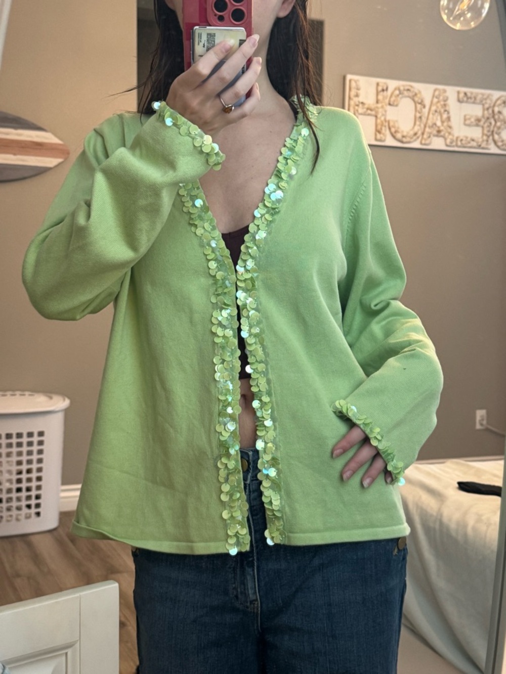 Linea by Louis Dell'Olio Lime Green Sequin-Trim Cardigan